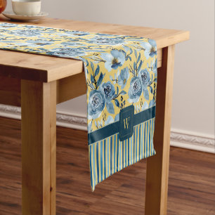 Chemin De Table Court Fleurs d'or bleu élégant et Monogramme à rayures
