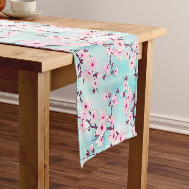 Chemin De Table Court Fleurs florales de cerisier rose Turquoise (In Situ)
