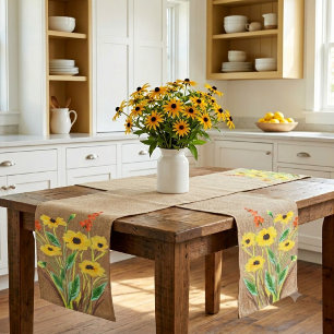 Chemin De Table Court Fleurs jaunes à l'aquarelle sur toile de jute