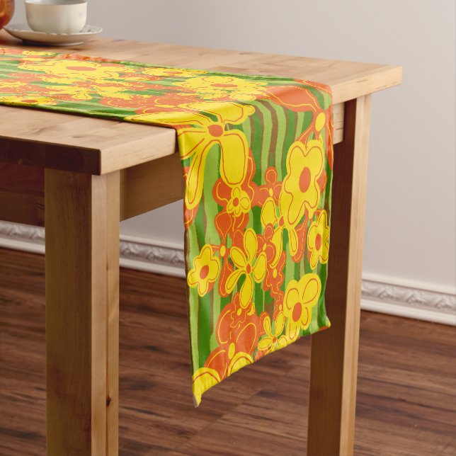 Chemin De Table Court Fleurs orange jaunes des années 70 (In Situ)