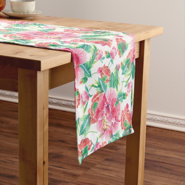 Chemin De Table Court Fleurs roses brillantes Fille Motif (In Situ)
