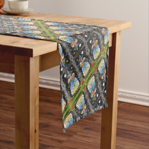 CHEMIN DE TABLE COURT FOLK ART WITTER EN BOIS ÉFFRAYANTS, CHAT NOIR & OW