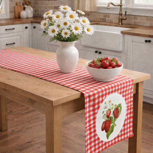 Chemin De Table Court Fraises de style campagnard avec gingham rouge