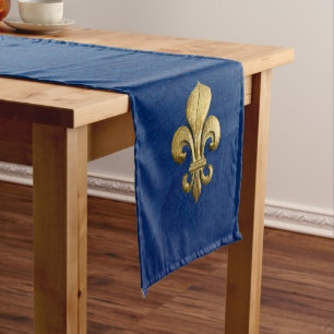Chemin De Table Court Gold Fleur De Lis simple sur le bleu