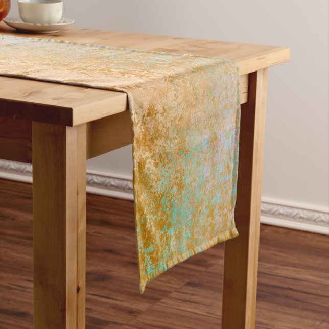 Chemin De Table Court Gold & Turquoise Blue Patina Encre d'alcool Abstra (In Situ)