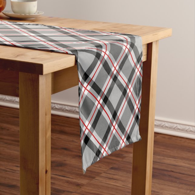 Chemin De Table Court Grand Plaid moderne, noir, blanc, gris et rouge (In Situ)