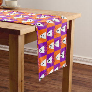 Chemin De Table Court Halloween Boo Ghost Purple et Carrés orange