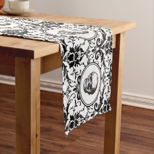 Chemin De Table Court HALLOWEEN Style gothique noir Damask Motif Crâne
