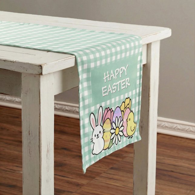 Chemin De Table Court Happy Easter Bunny Chick Eggs Green Gingham (Créateur téléchargé)