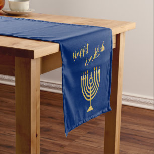 Chemin De Table Court Hapy Hanoukka Menorah Blue