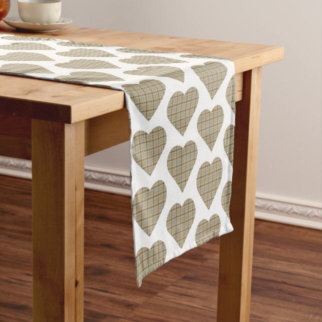 Chemin De Table Court Heart Shaped Plaid Tan Blue White Table Runner (In Situ)