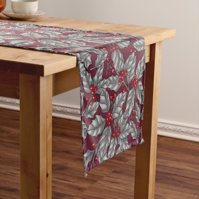 Chemin De Table Court Holly berry, gray leaves on dark red (In Situ)