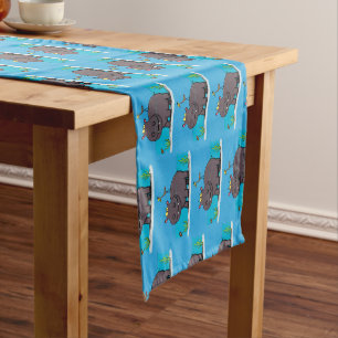 Chemin De Table Court Ippopotame drôle mignon avec dessin animé d'oiseau