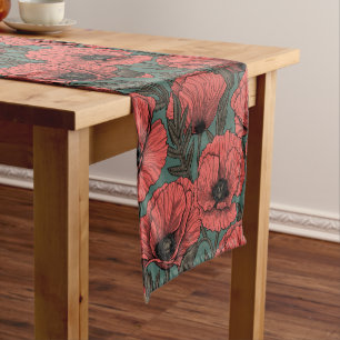 Chemin De Table Court Jardin de coquelicot dans le corail, brun et vert