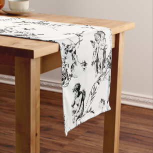 Chemin De Table Court Joli Vintage Cupid Angels Floral Noir Blanc Toile