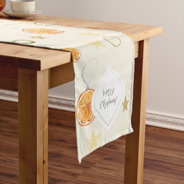 Chemin De Table Court Jolie Aquarelle Oranges et Étoiles Sur Beige (In Situ)