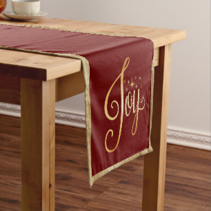 Chemin De Table Court "Joy" Red Gold Script Élégant Noël