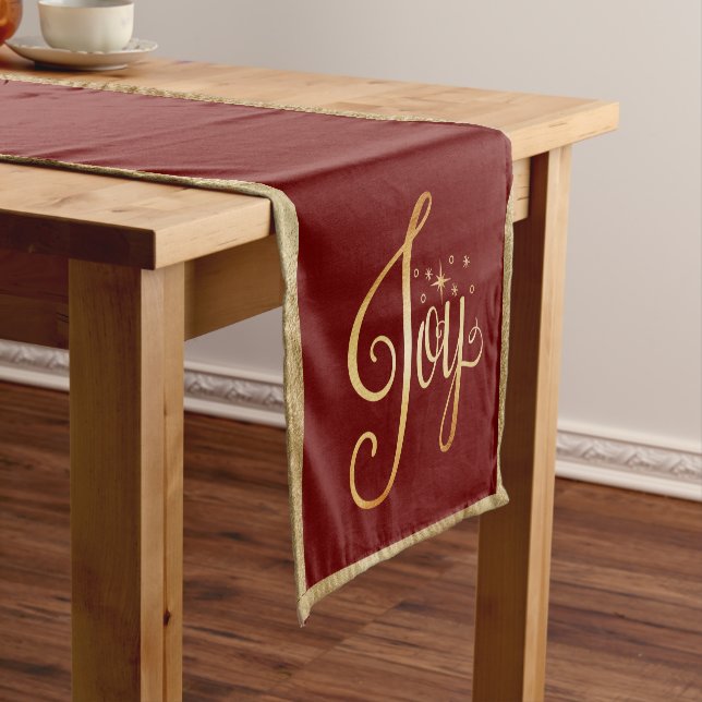 Chemin De Table Court "Joy" Red Gold Script Élégant Noël (In Situ)