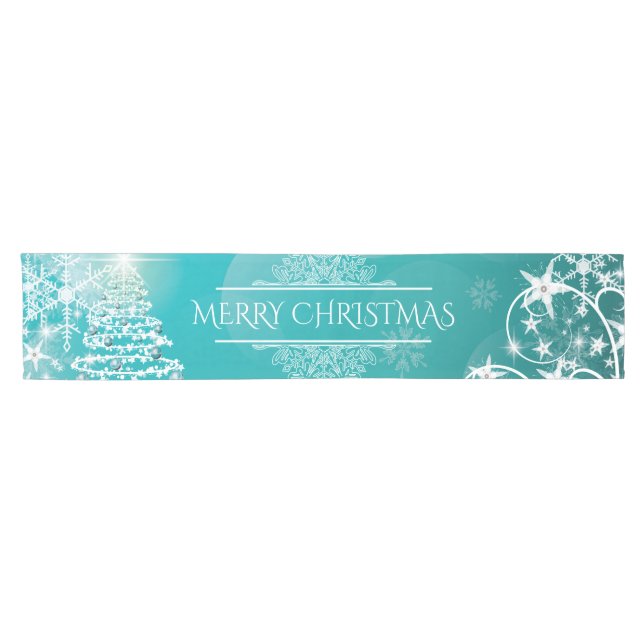 Chemin De Table Court Joyeux Noël Snowflakes Arbre Fleurs & Étoiles (Horizontal)