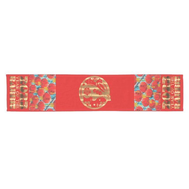 Chemin De Table Court Lanternes traditionnelles Chinois lapin rouge et o (Horizontal)