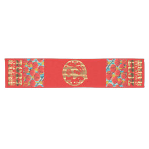 Chemin De Table Court Lanternes Traditionnelles Rouge et Or Lapin Chinoi