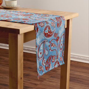 Chemin De Table Court Linocut traditionnel Paisley Rouge Bleu Blanc
