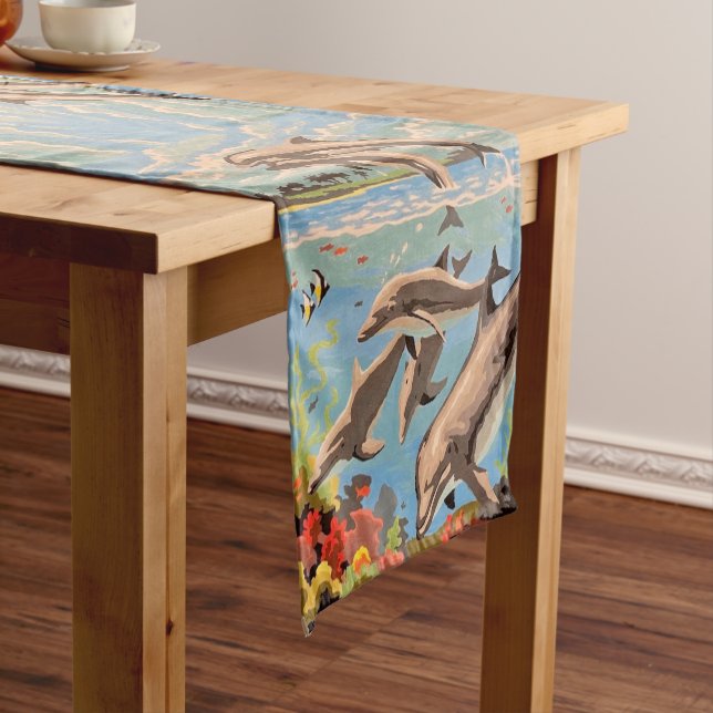 Chemin De Table Court Main Painted by Number | Dolphins | (In Situ)