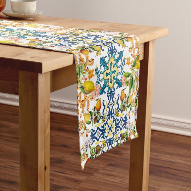 Chemin De Table Court Majolica, tuiles siciliennes, citrons agrumes  (In Situ)