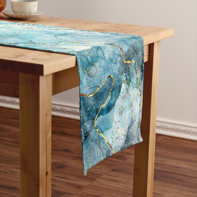 Chemin De Table Court Marbre pailleté bleu et or (In Situ)