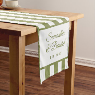 Chemin De Table Court Mariage Personnalisé avec Rayures Vert Rétro et Bl