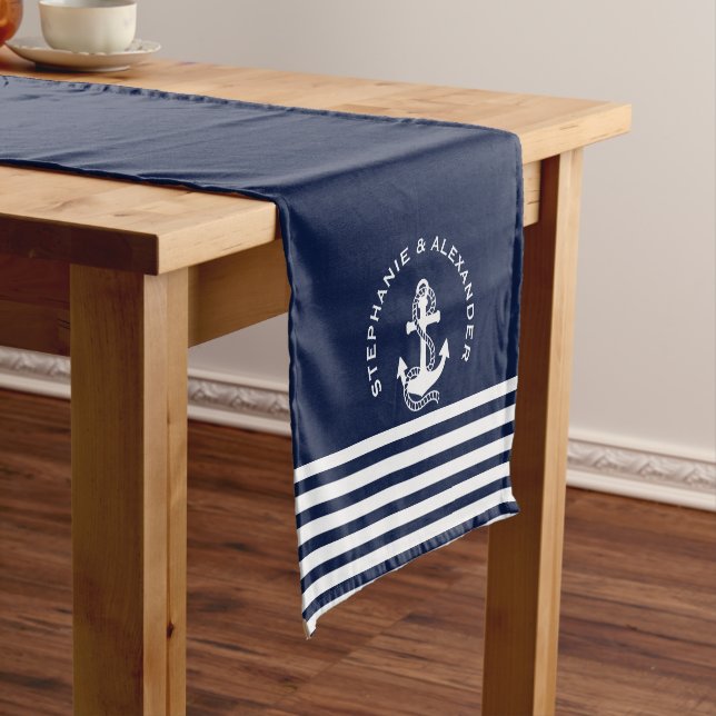 Chemin De Table Court Marine Nautique Bleue Blancs et Ancres blanches (In Situ)