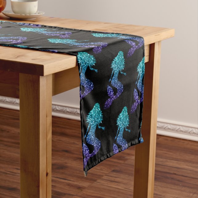 Chemin De Table Court Mermaid aqua bleu ombre motif noir (In Situ)