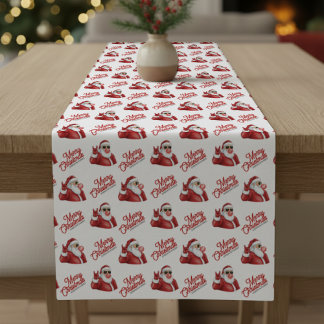 Chemin De Table Court Merry Christmas Santa Claus in Sunglasses Pattern