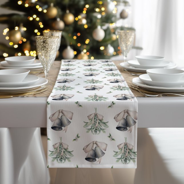 Chemin De Table Court Mistletoe Silver Bells Christmas  (Silver Bells and Mistletoe Table Runner)