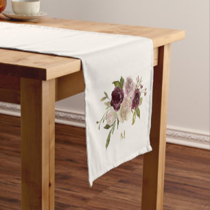 Chemin De Table Court Monogramme d'aquarelle florale rose-bourgogne mode