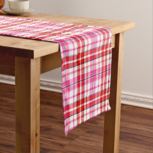 Chemin De Table Court Motif à carreaux Tartan Blanc Rouge Rose