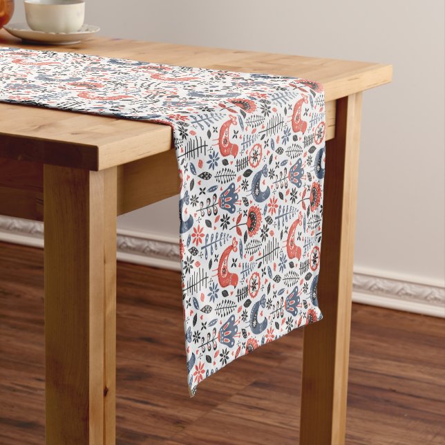 Chemin De Table Court Motif d'art populaire bleu et rouge (In Situ)