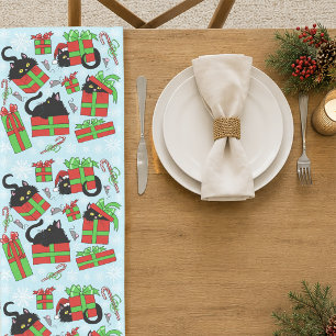 Chemin De Table Court Motif de cadeaux de Noël de chats noirs