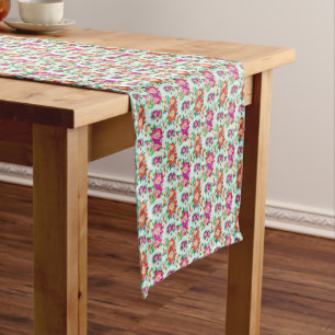 Chemin De Table Court Motif floral vintage rose et rouge