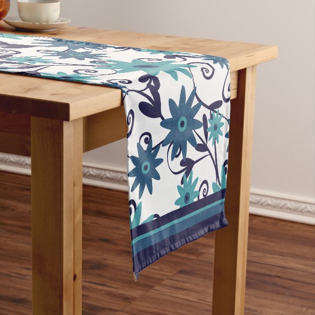 Chemin De Table Court Motif moderne bleu turquoise blanc (In Situ)