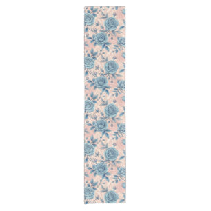 Chemin De Table Court Motif Rose bleu rétro sur Arrière - plan rose doux