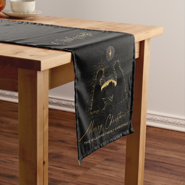 Chemin De Table Court Nativity Manger Holy Night Black Gold Custom Name  (In Situ)