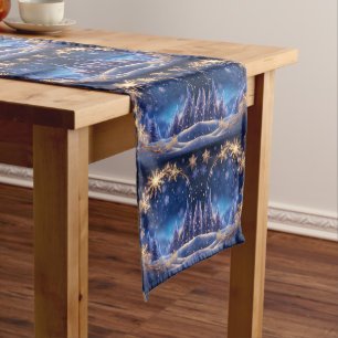 Chemin De Table Court Noël magique - flocons de neige dorés sur bleu