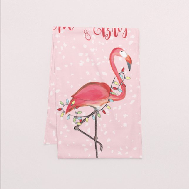 Chemin De Table Court Noel mignon String lumières Whimsy Flamant rose ro (Christmas holiday pink flamingo white snow table runner)