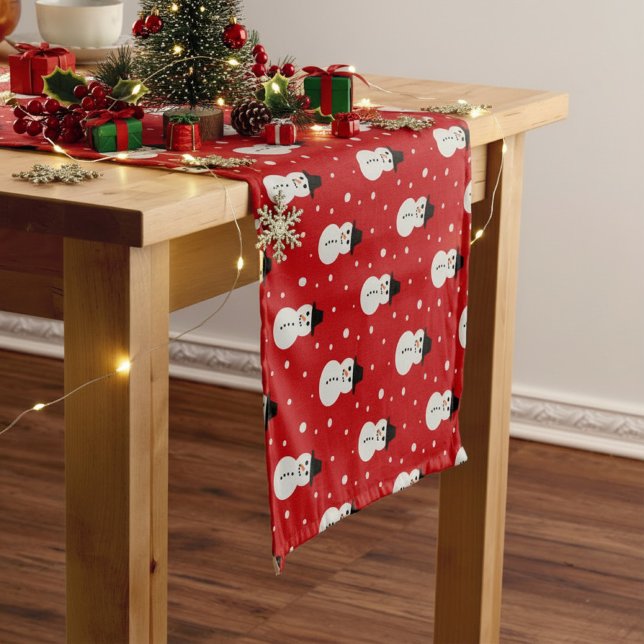 Chemin De Table Court Noël Snowman motif en rouge clair (red table runner with little snowmen)