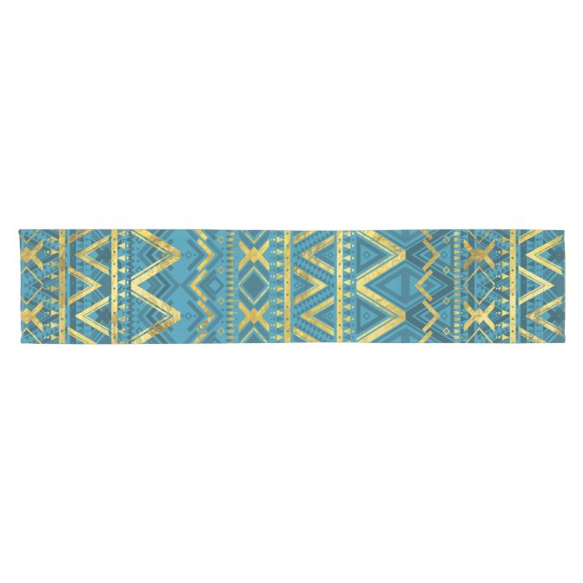 Chemin De Table Court Or ethnique tribal et sarcelle d'hiver de motif de (Horizontal)