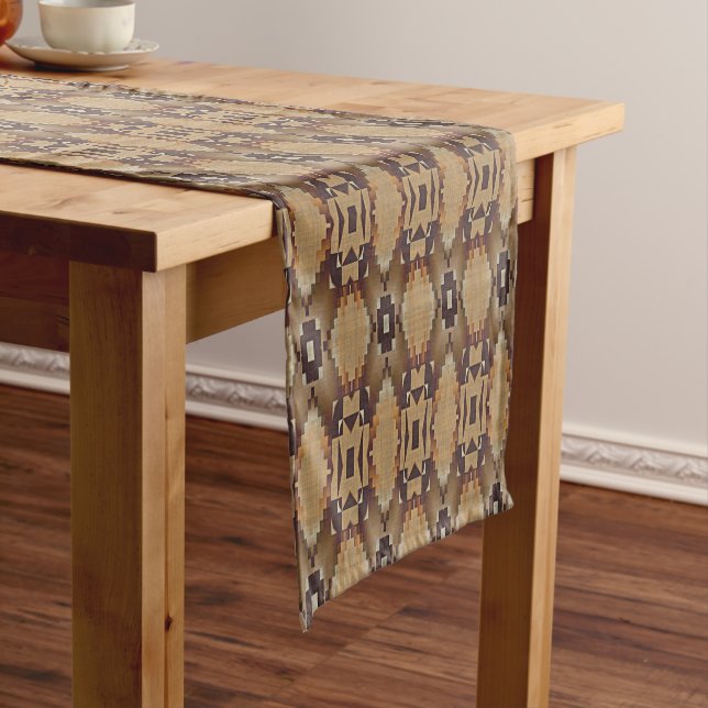Chemin De Table Court Orange Brown Taupe Beige Grey Motif (In Situ)