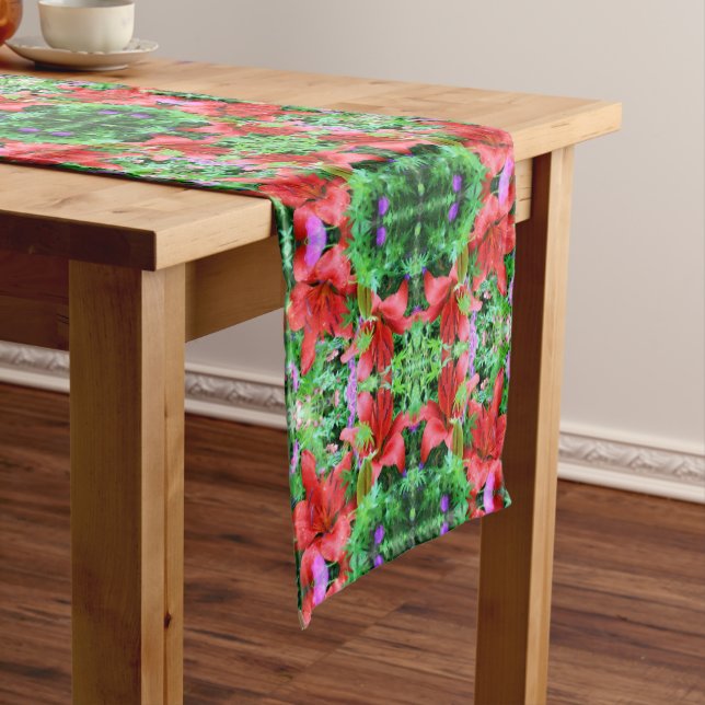 Chemin De Table Court Orange Daylilies Abstrait Flower Art Motif (In Situ)