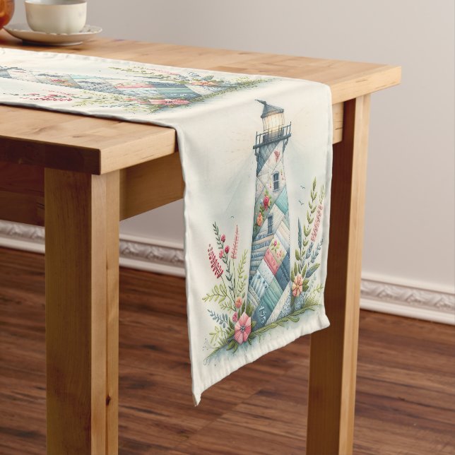 Chemin De Table Court Patchwork Lighthouse Coastal Floral Scene (In Situ)