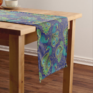 Chemin De Table Court Peacock Paisley Pattern Blue